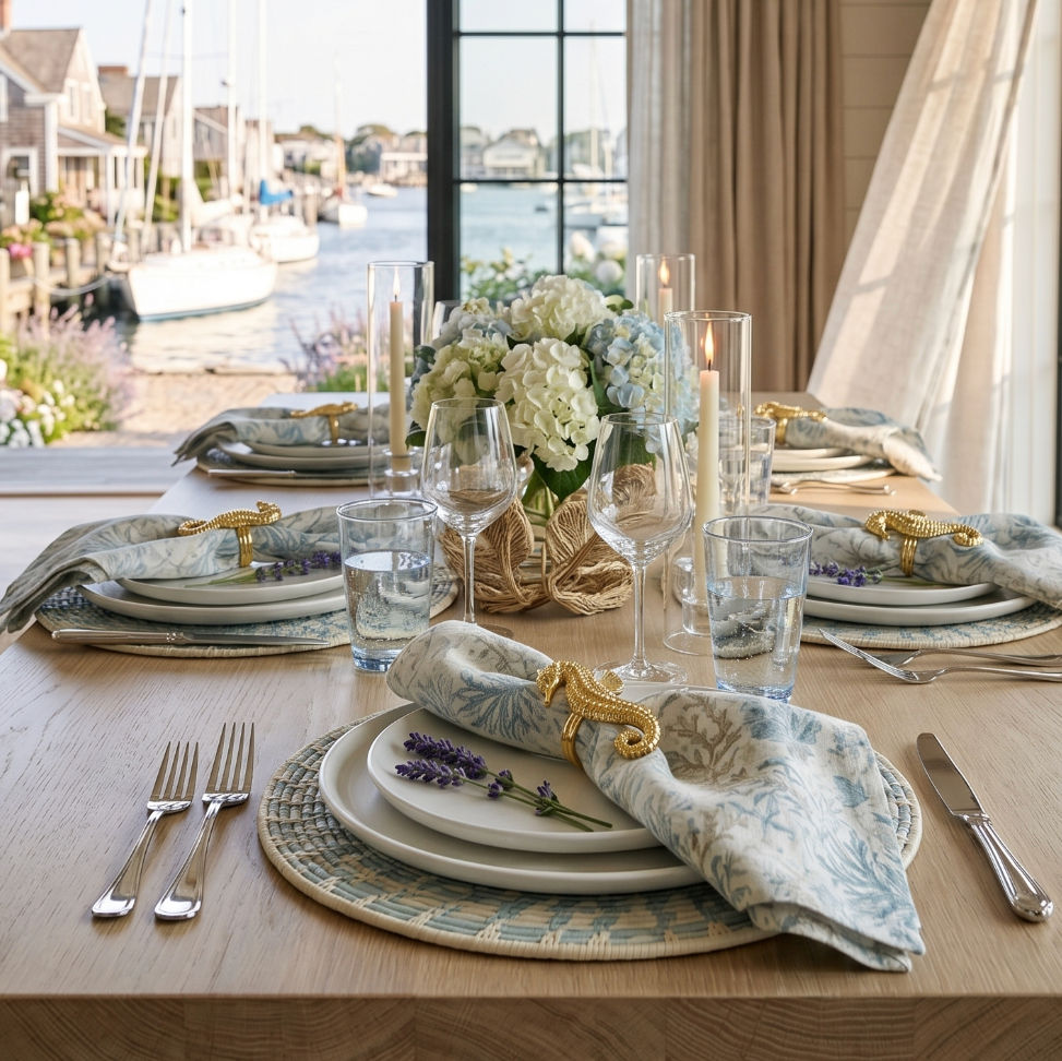 Ocean inspired aqua coral motif linen dinner napkins used for relaxed coastal entertaining