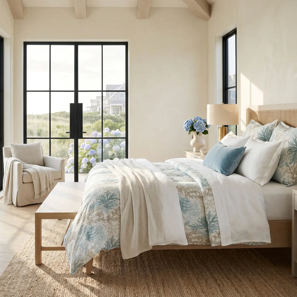 Aqua coral comforter on a wood bed frame in a light and airy coastal room