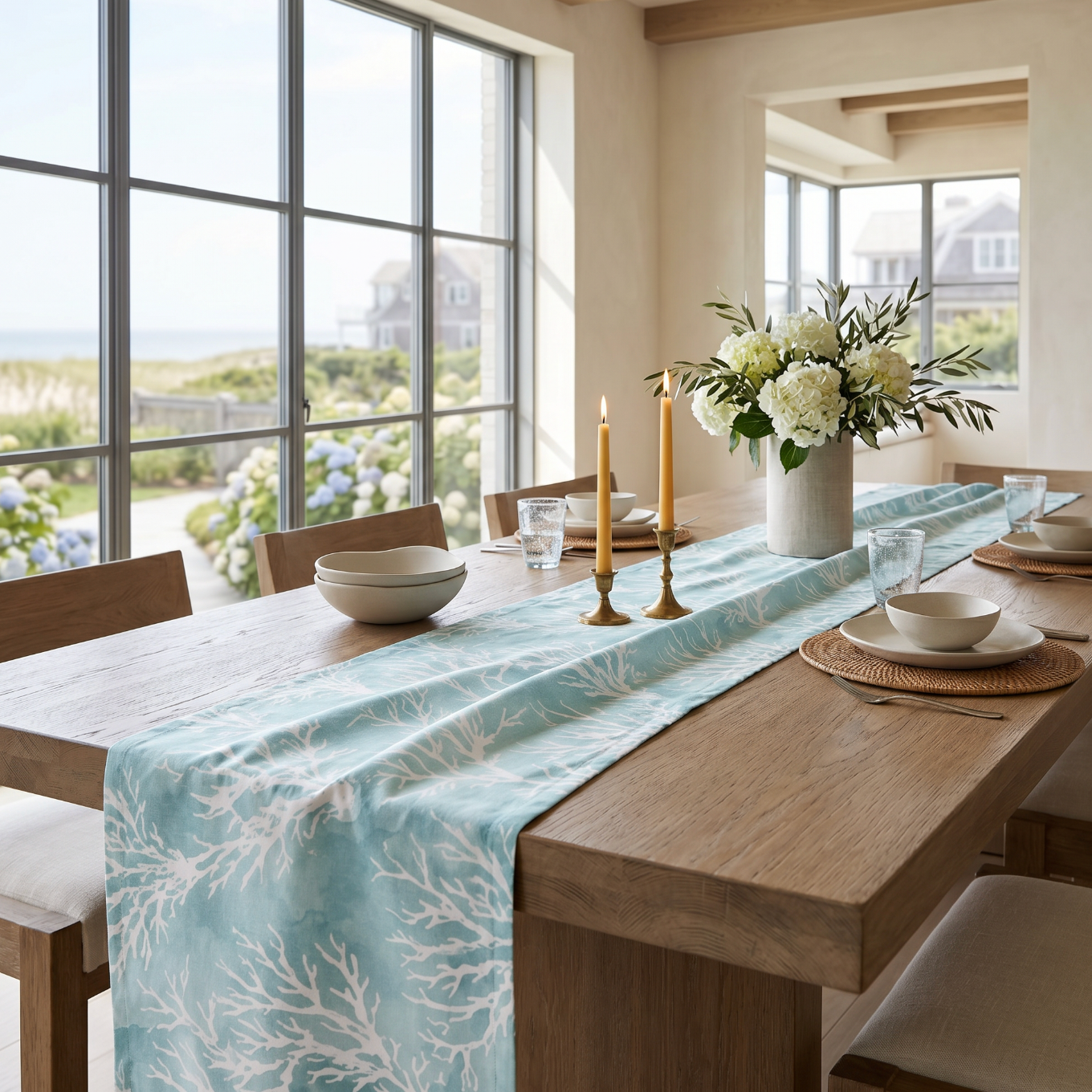 Aqua and white coastal coral table runner for beach house kitchen and dining table decor.