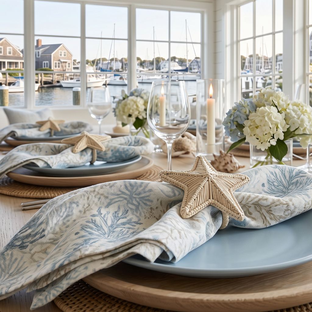 Aqua coral print linen cloth napkins set of four styled for ocean inspired summer table decor