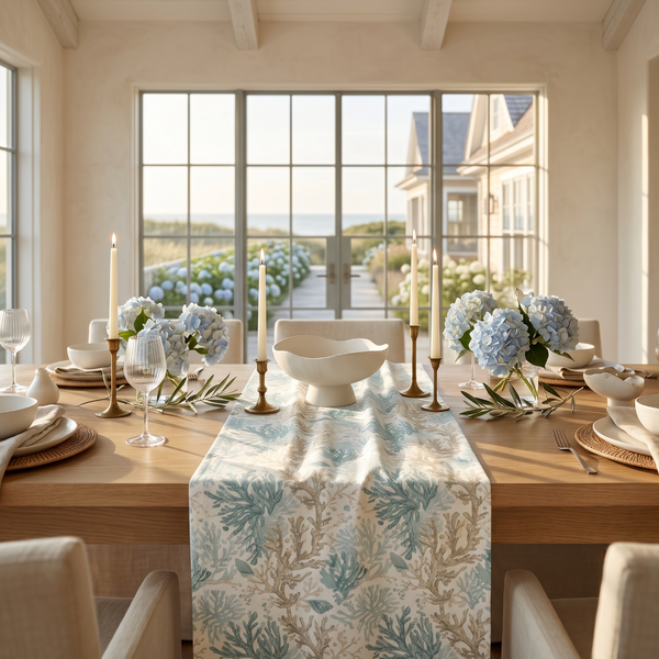 Aqua and white coral pattern table runner on a natural wood coastal dining table