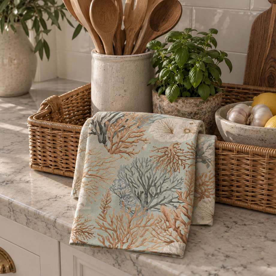 Coastal coral-pattern cotton kitchen towel in a bright airy kitchen
