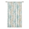 Closeup of white and aqua coral motif on coastal sheer curtain fabric