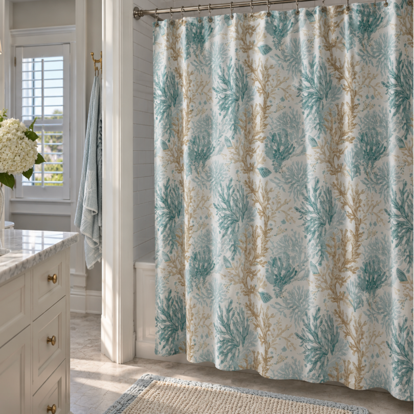 Aqua coral shower curtain for coastal bathroom decor