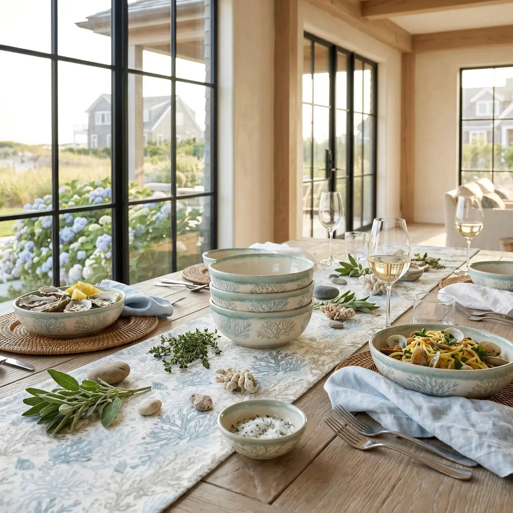 Aqua coral motif table runner bringing ocean-inspired color to a neutral coastal table
