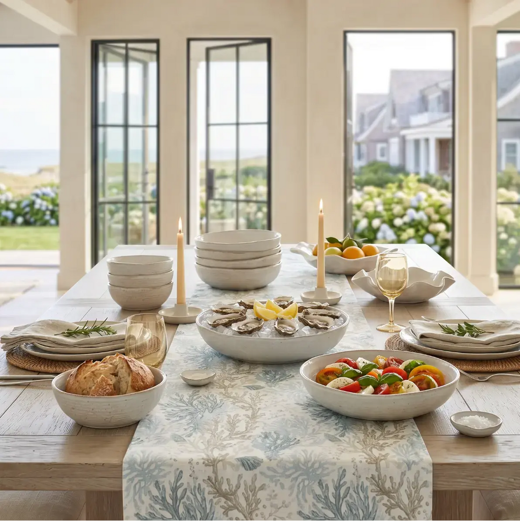 Aqua coral table runner as a coastal centerpiece on a beach house dining table