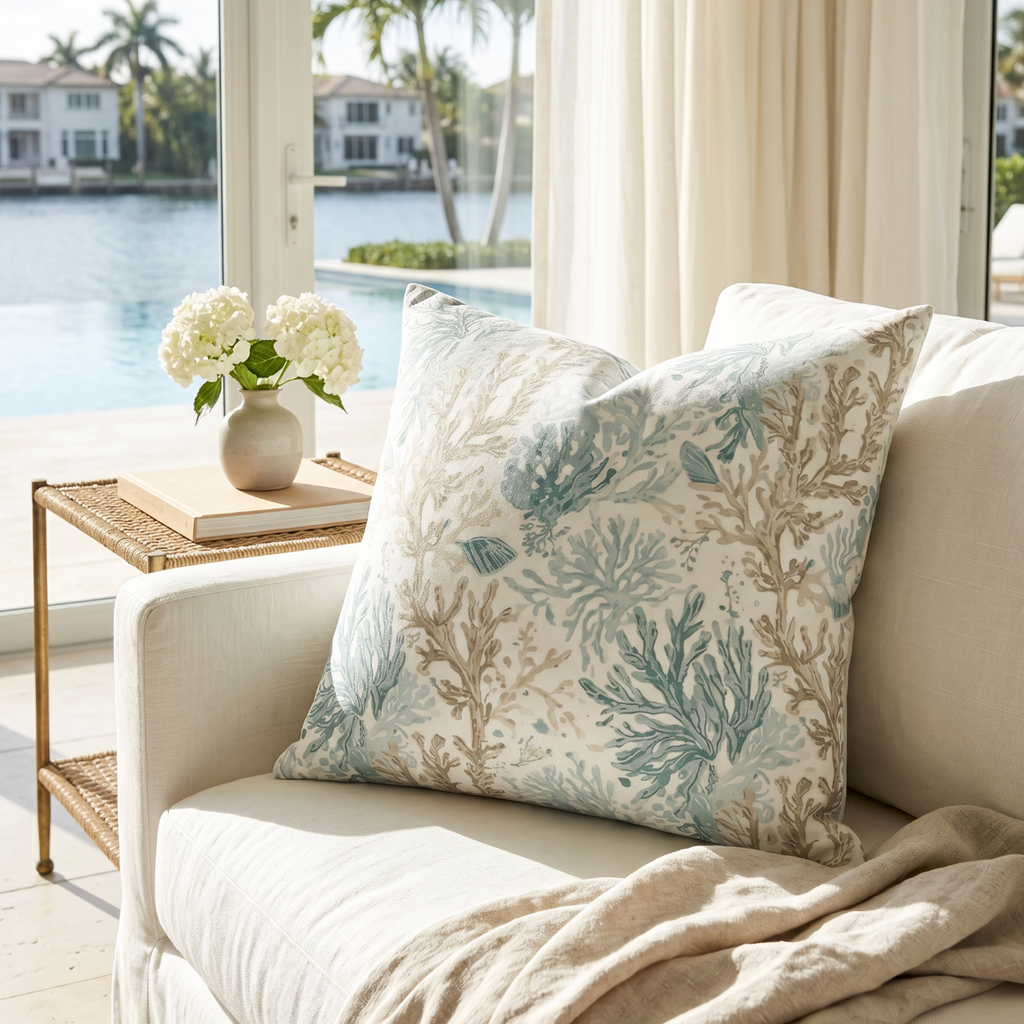 Aqua coral pattern pillow for nautical, beach house, or coastal living room decor