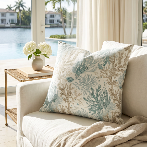 Aqua coral pattern pillow for nautical, beach house, or coastal living room decor