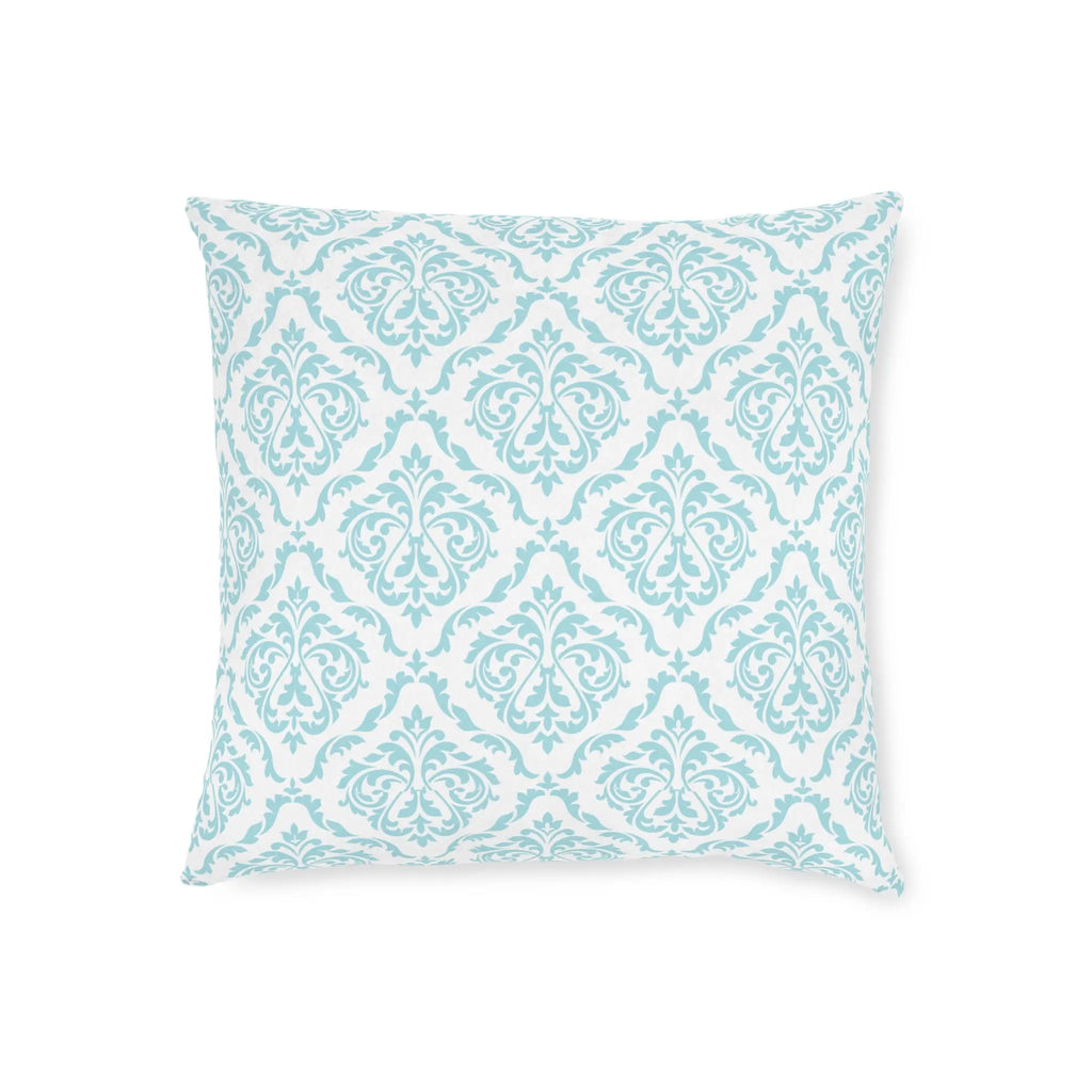 Valencia Damask Throw Pillow with soft aqua damask pattern on white background.