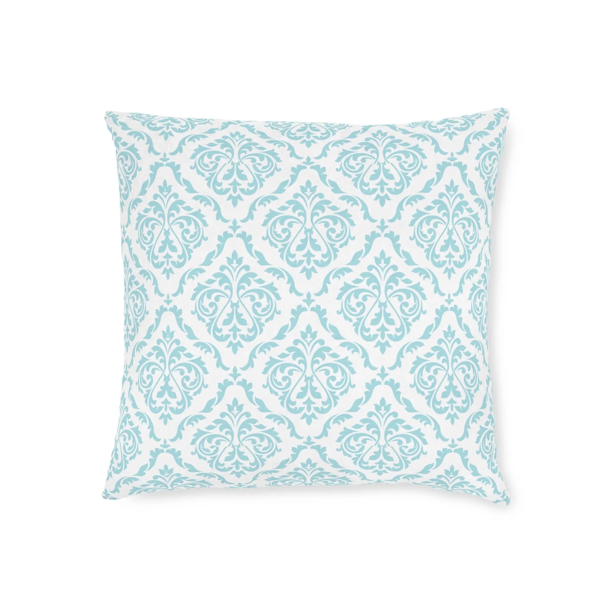 Valencia Damask Throw Pillow with soft aqua damask pattern on white background.