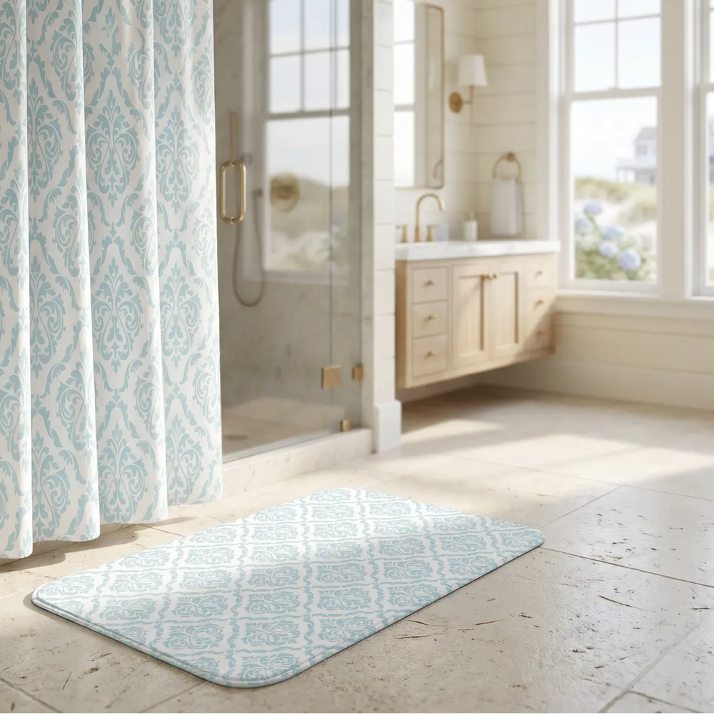Aqua damask bath mat, soft rectangular bathroom rug with classic damask pattern.