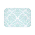 Soft aqua damask bath mat adding color to a coastal bathroom