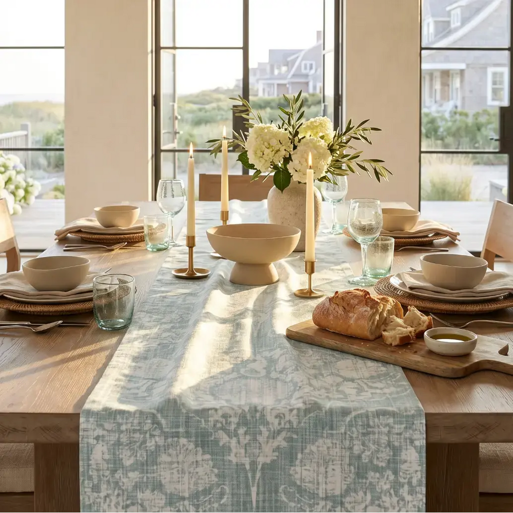 Aqua damask and seahorse table runner on a coastal dining table.