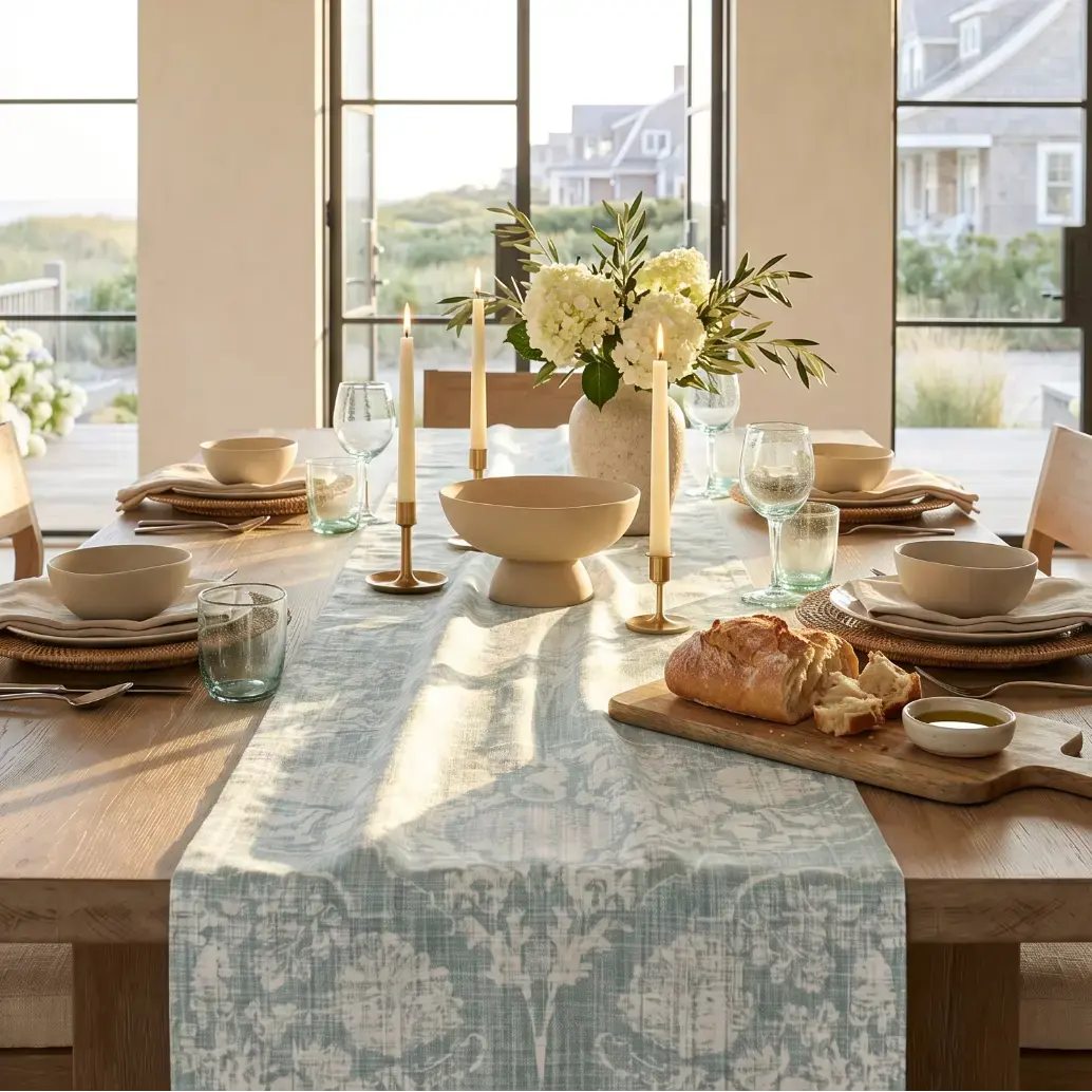 Aqua damask and seahorse table runner on a coastal dining table.