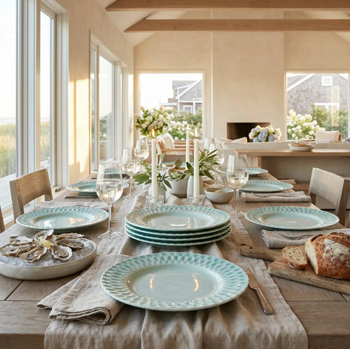 Aqua ceramic dinner plate set of six for everyday and entertaining.