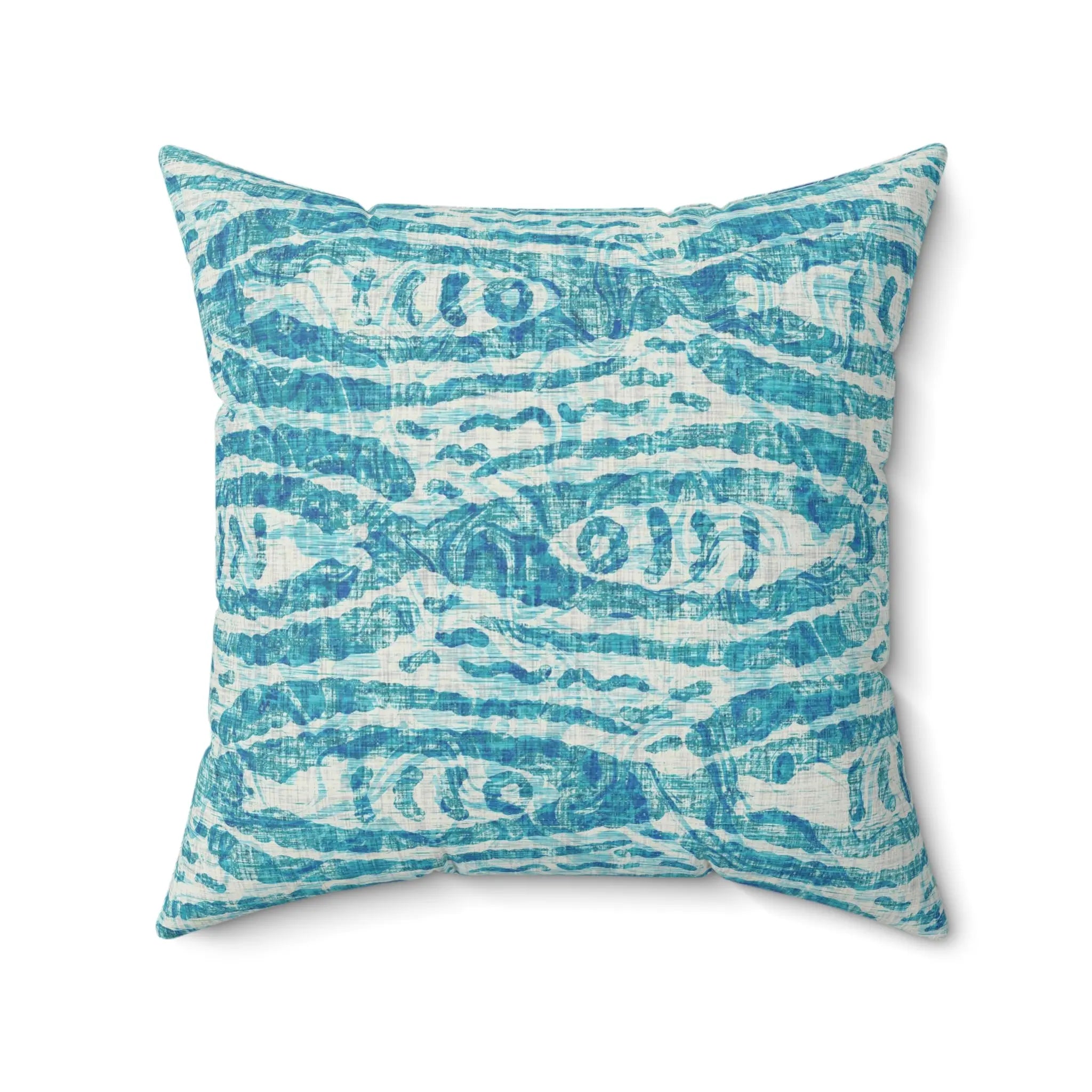 Turquoise fish-pattern throw pillow with ocean-inspired design and textured linen look.