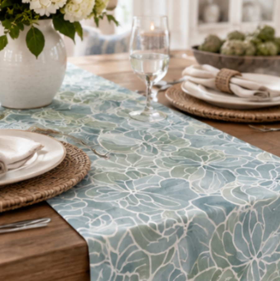 Aqua hydrangea floral table runner for a serene coastal dining table centerpiece