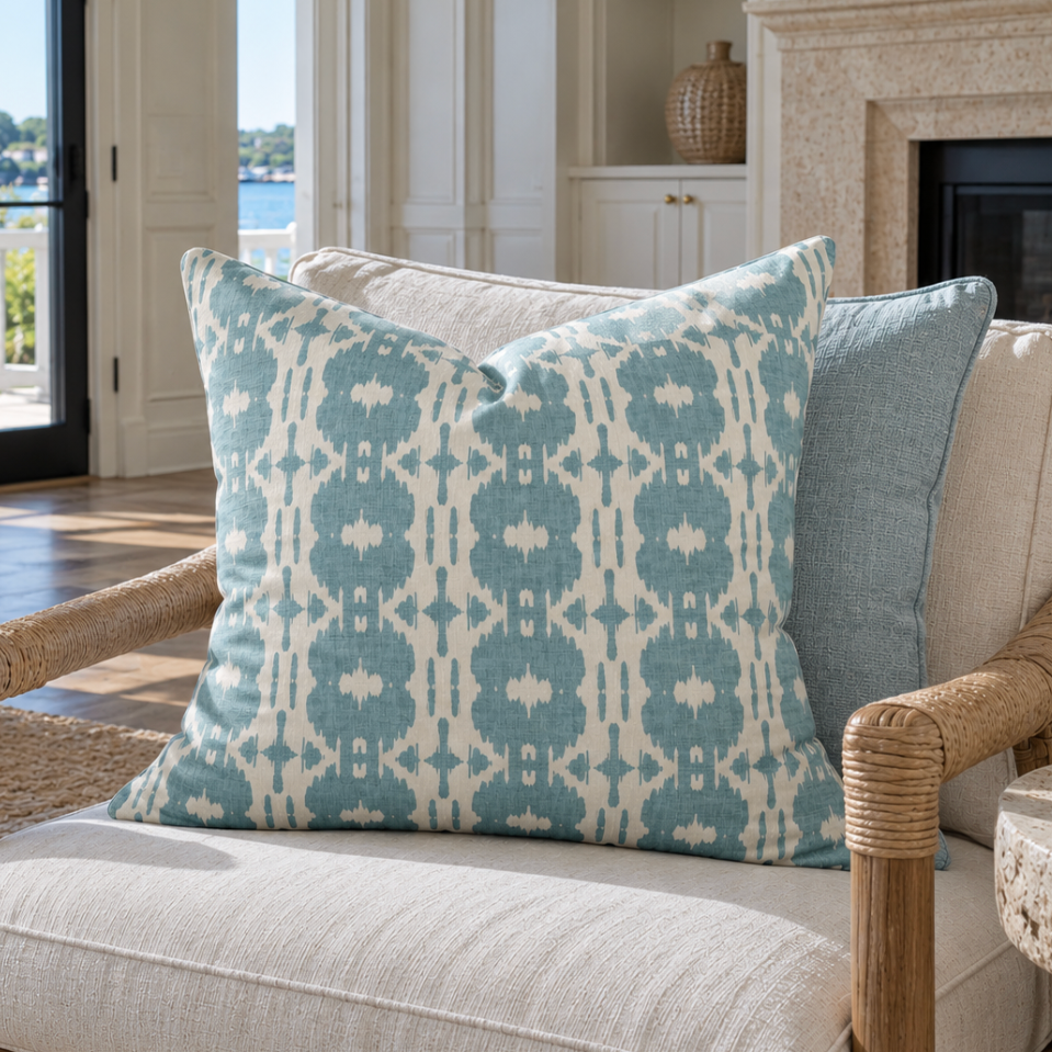 Aqua blue and white ikat accent pillow styled on a neutral sofa