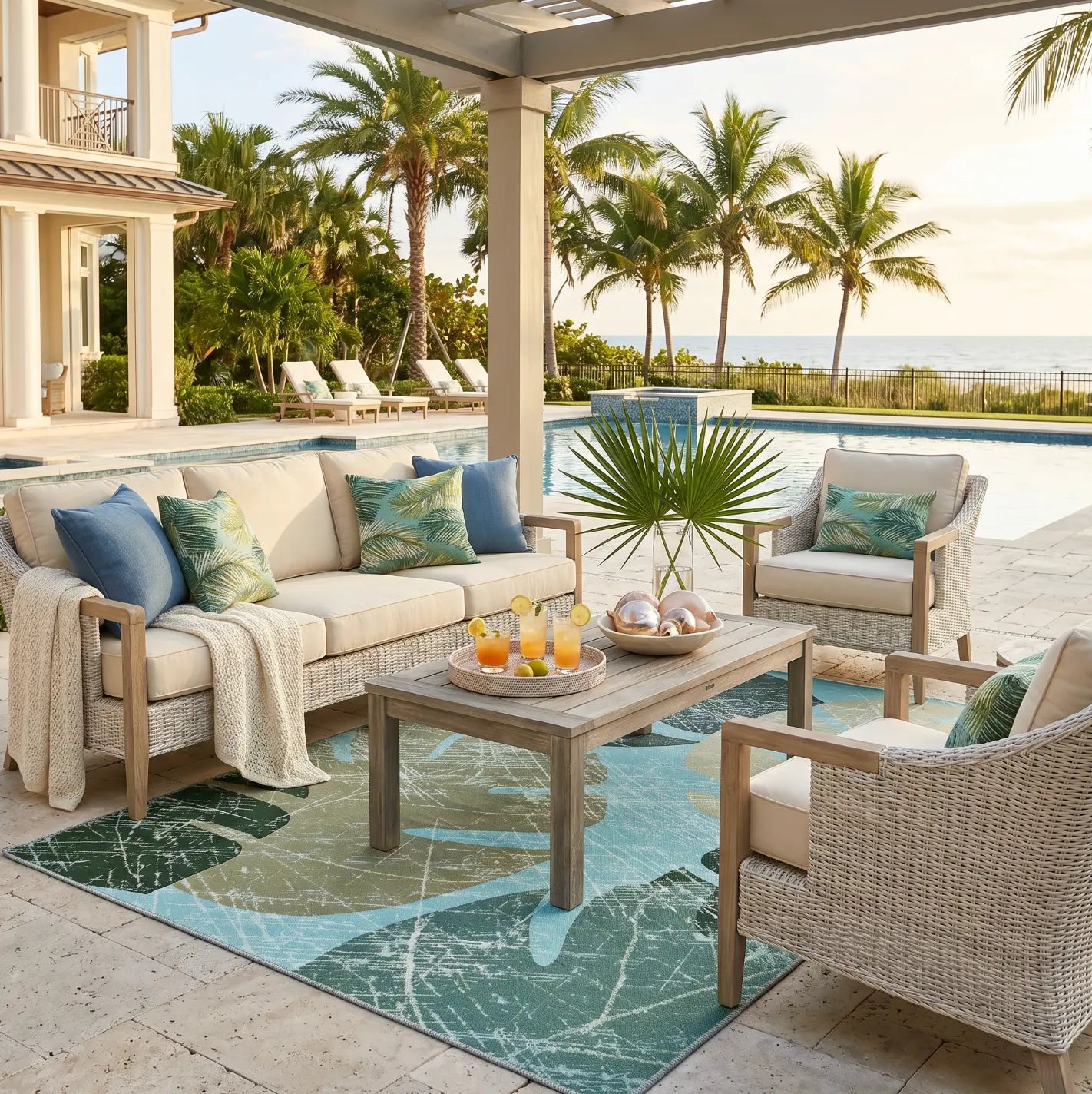 Coastal patio styled with aqua palm indoor outdoor rug