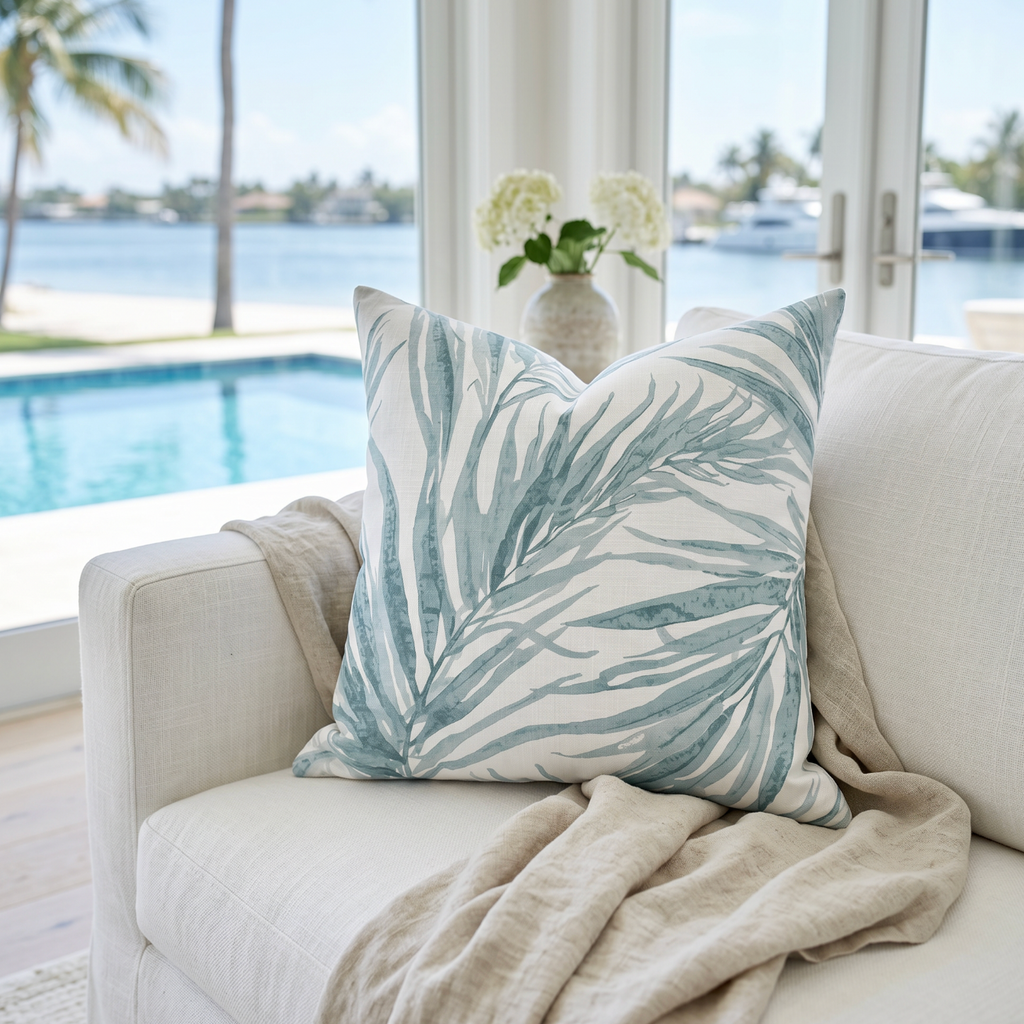 Aqua palm pattern pillow on a neutral sofa with coastal home accessories