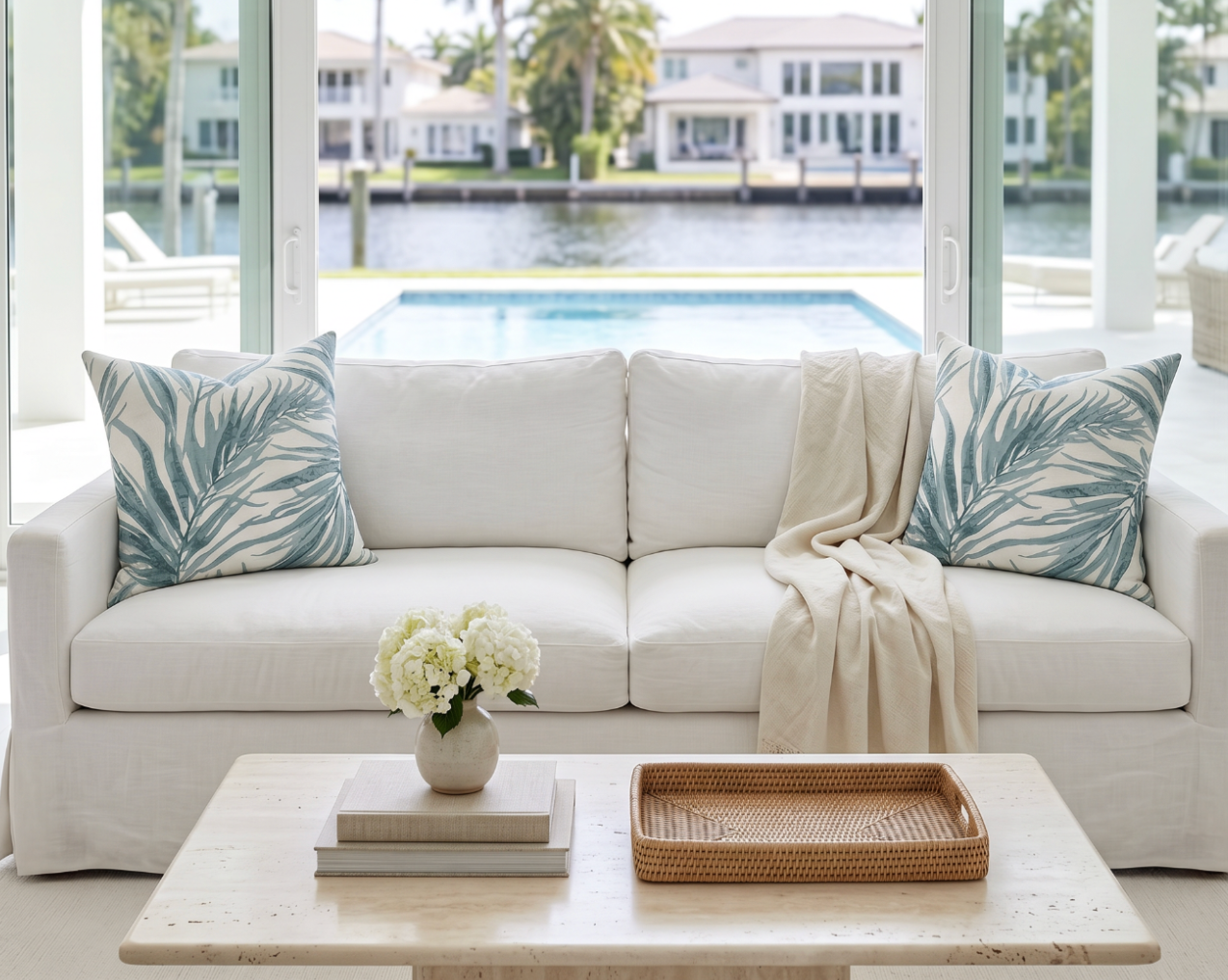 Aqua tropical palm print decorative pillow styled on a beach house couch