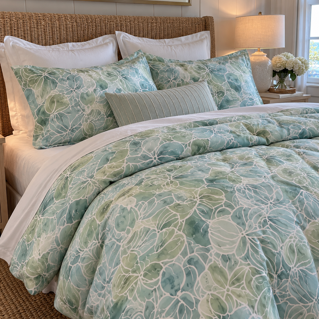 Aqua and sage floral coastal comforter styled in a bright, elegant bedroom.