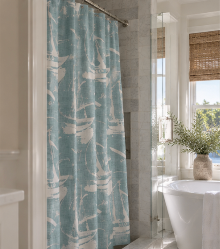 Aqua sailboat shower curtain for nautical bathroom decor