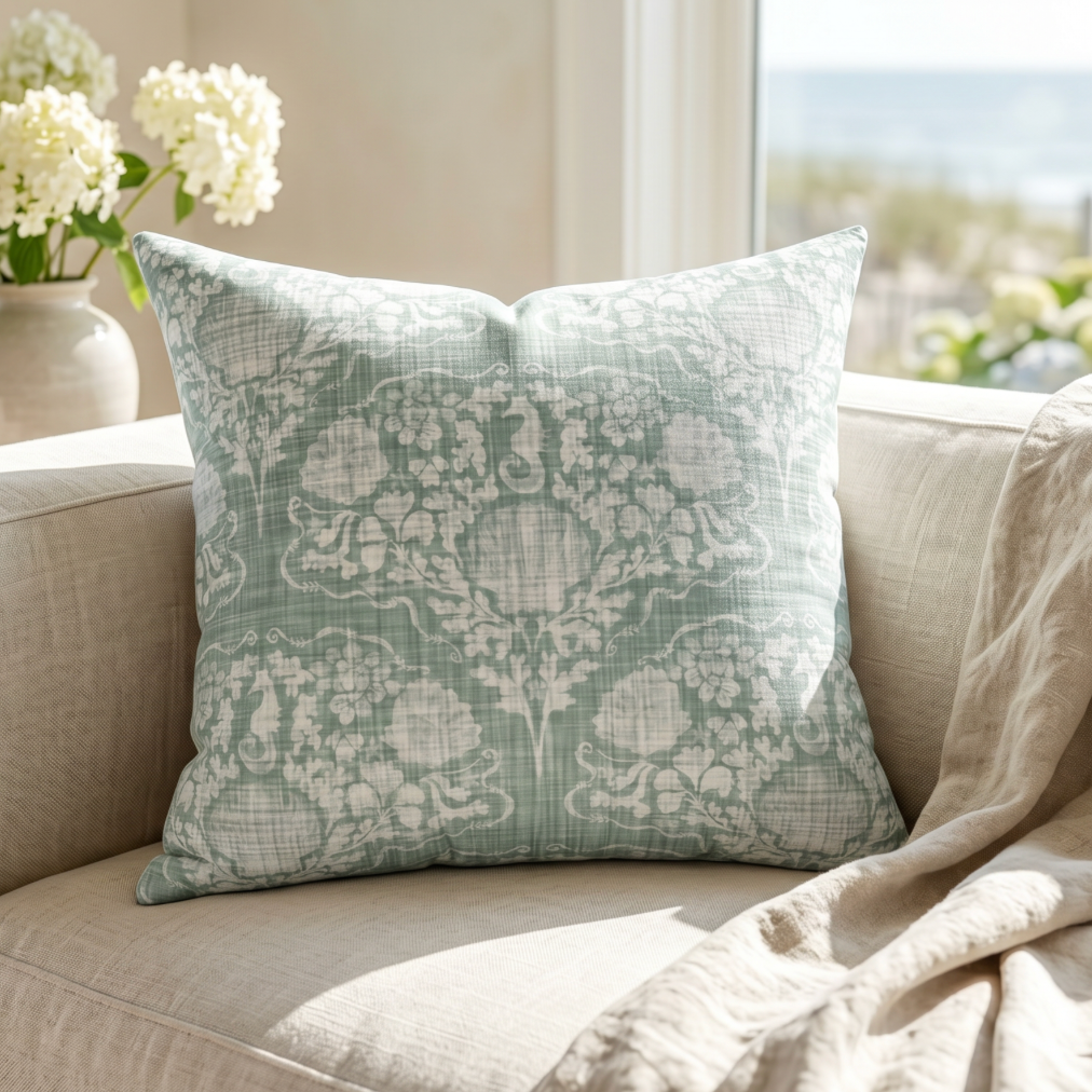Aqua and white seahorse damask decorative pillow styled on a beach house couch
