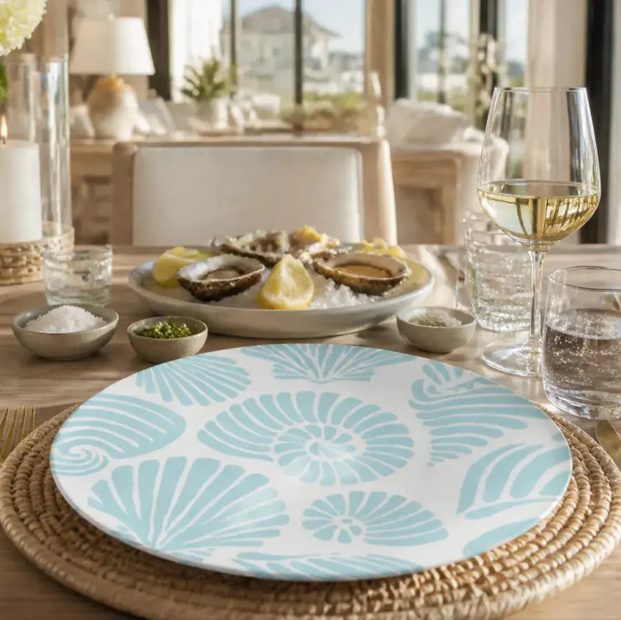 Aqua seashell dinner plate with coastal shell pattern