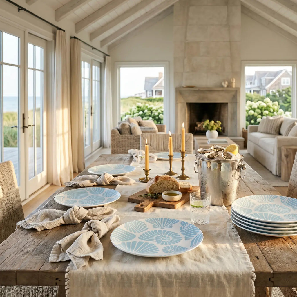 Aqua seashell ceramic dinner plate for coastal table settings