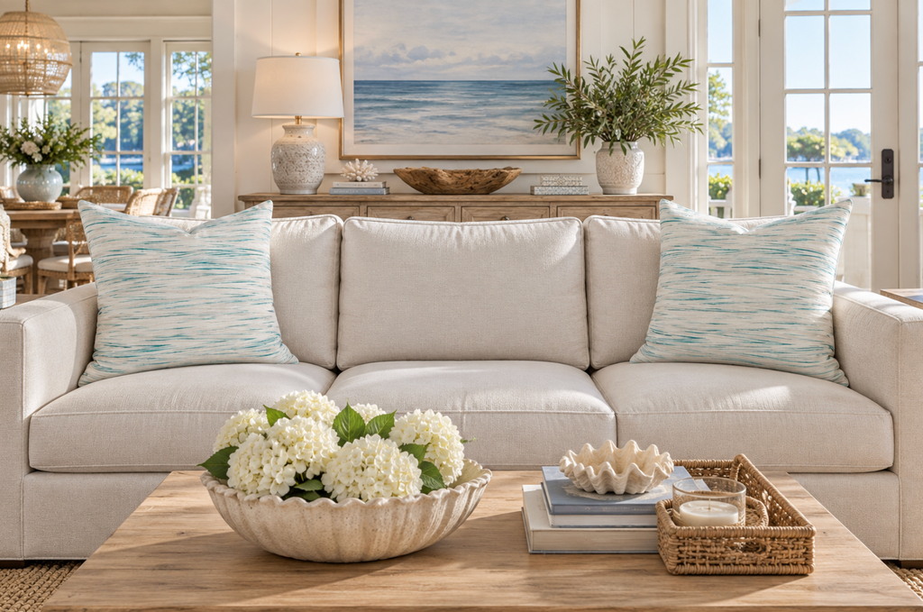 Aqua striped decorative pillow designed for a relaxed beach house interior.