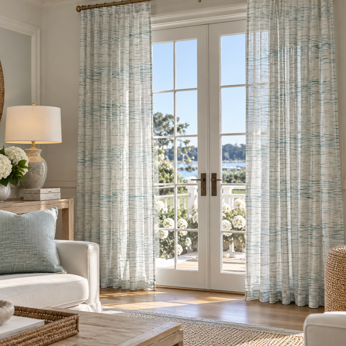 White sheer curtains with subtle aqua stripes for coastal home decor