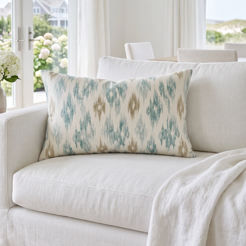 Aqua and tan ikat lumbar throw pillow styled on a neutral linen sofa for modern coastal living room decor