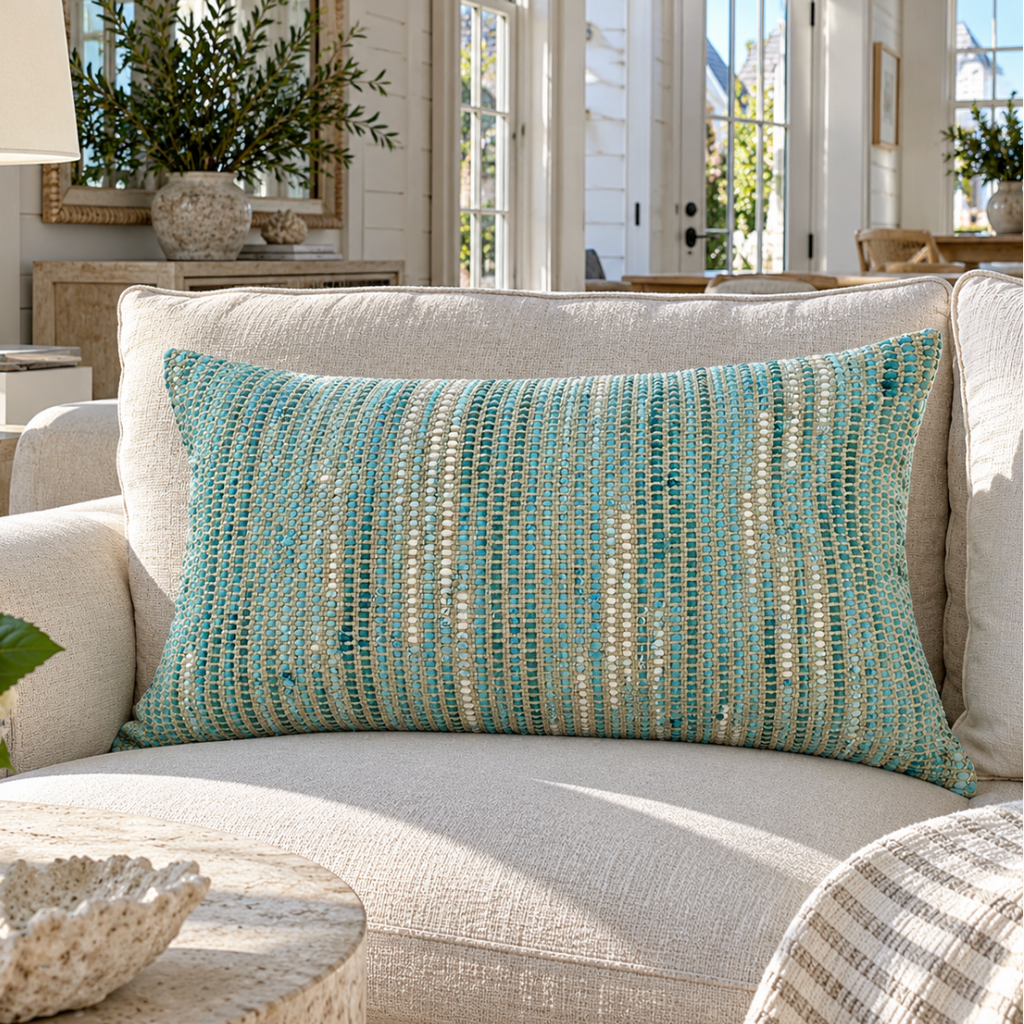 Aqua and teal decorative pillow with a detailed woven texture and striped design.