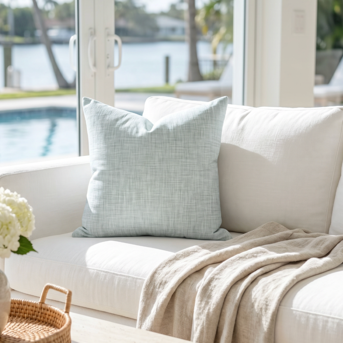Soft aqua decorative throw pillow styled on a cream couch in a beach house living room