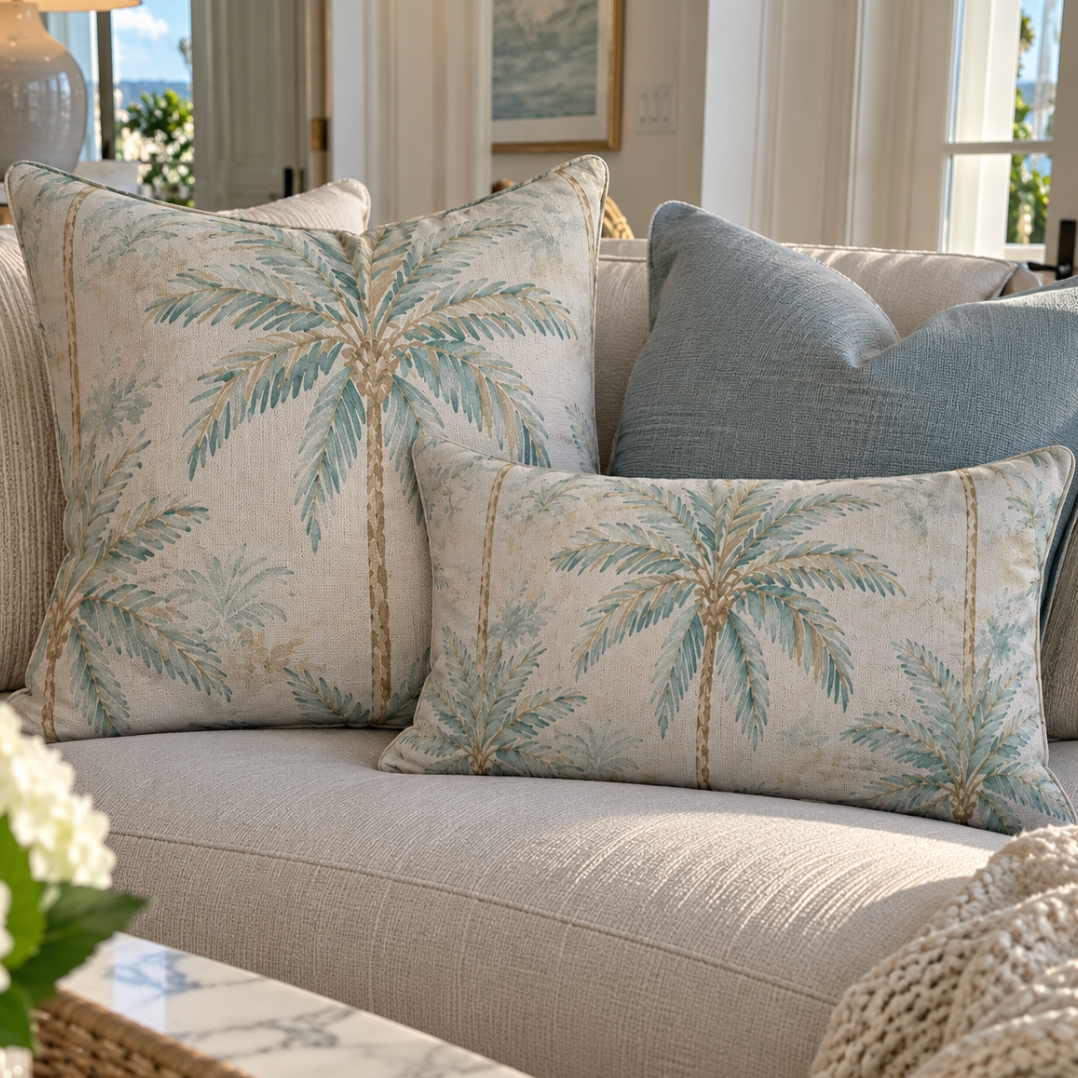 Aqua tropical throw pillow styled on a neutral sofa.