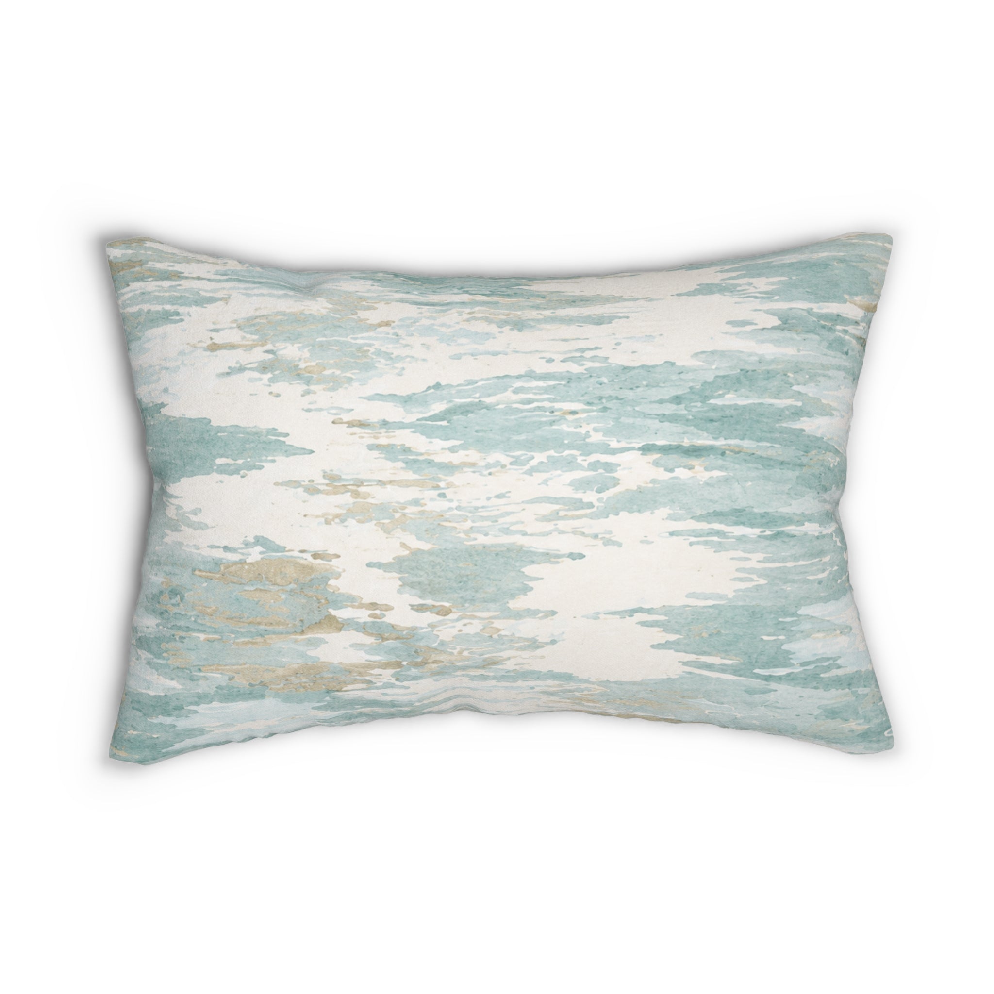Aqua watercolor coastal lumbar throw pillow with soft blue and sand tones for modern interiors.