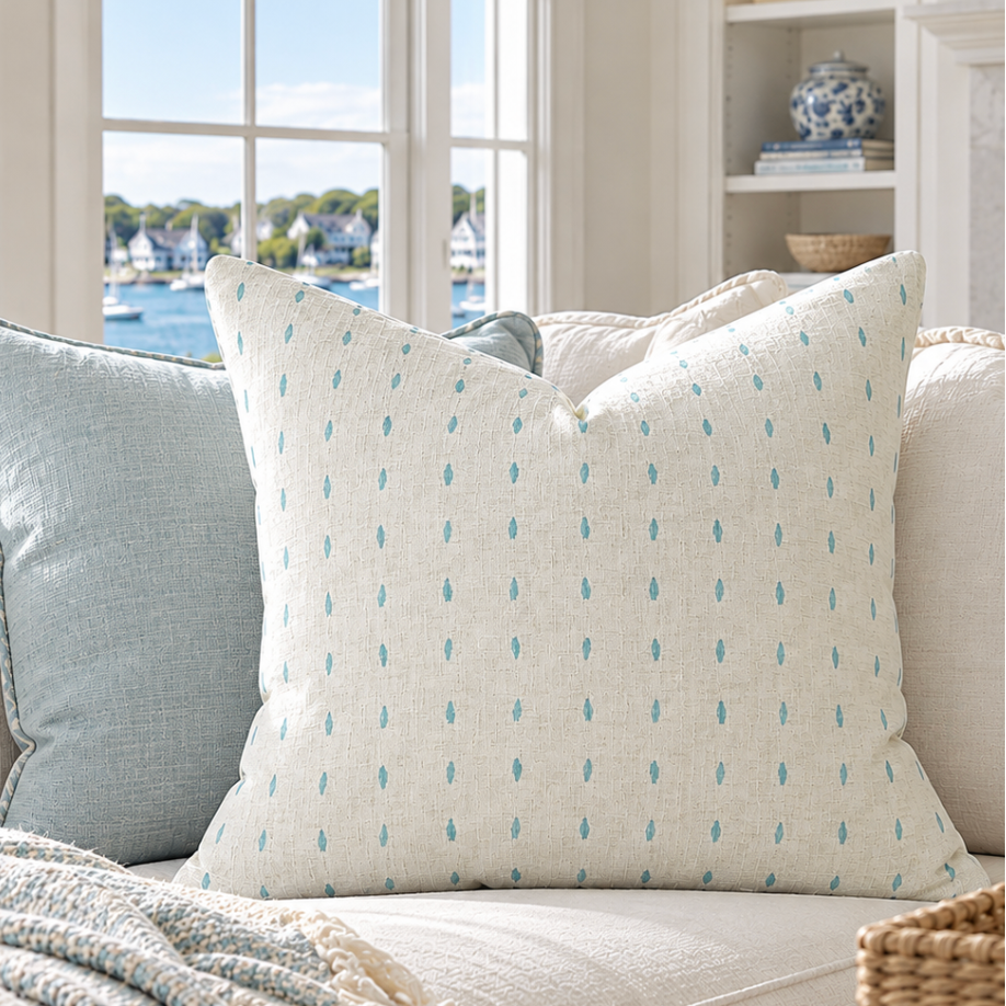 Aqua and white polka dot throw pillow for elegant coastal home décor.