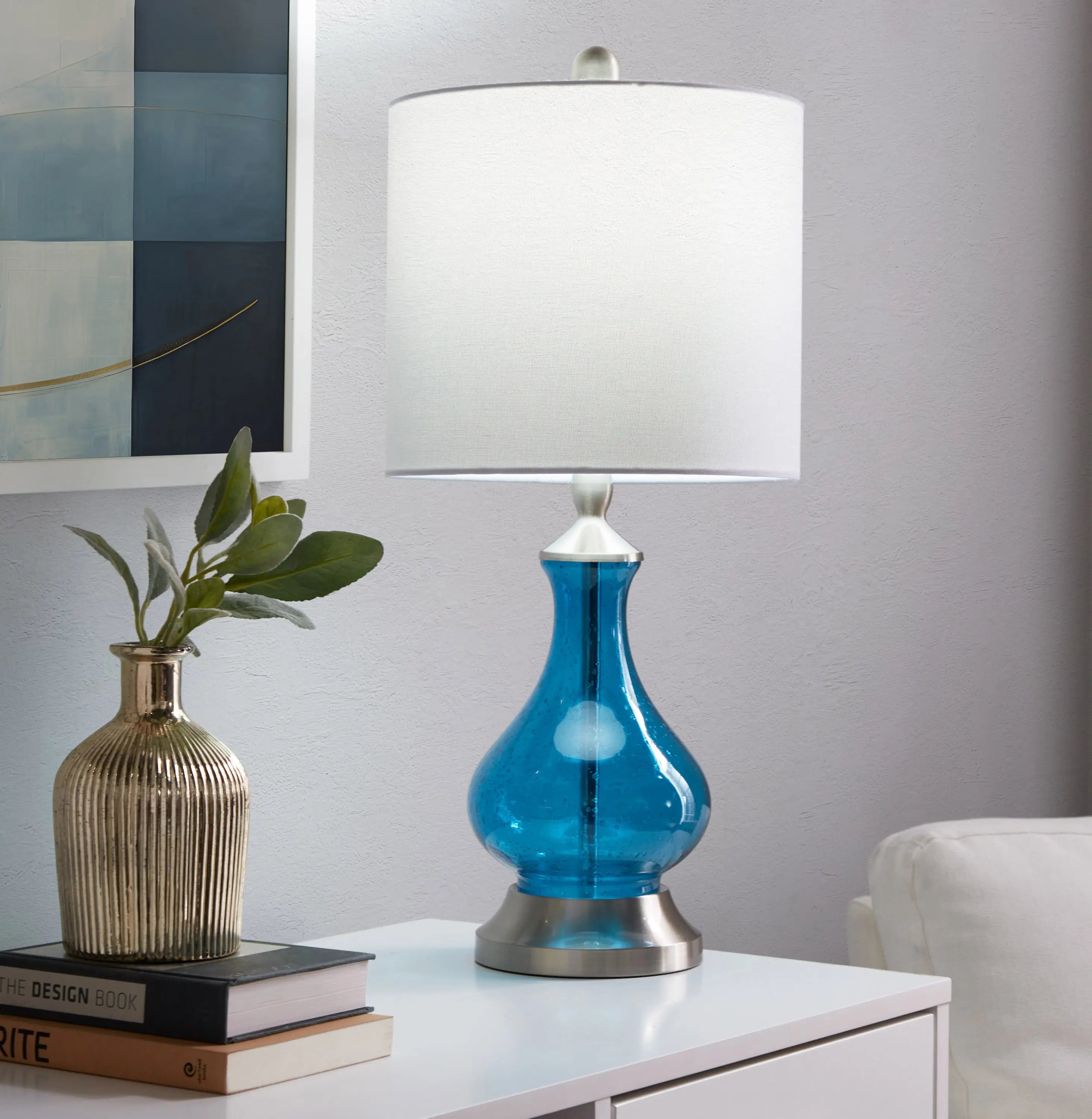 Coastal Blue Seeded Glass Drum Shade Table Lamp HouseOfZazla