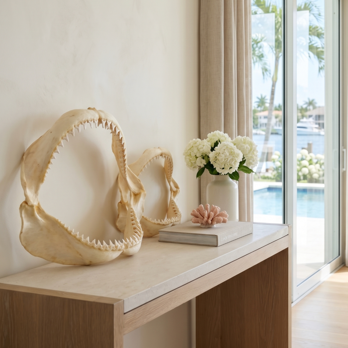 Authentic shark jaws displayed as nautical wall decor in a coastal style living room.