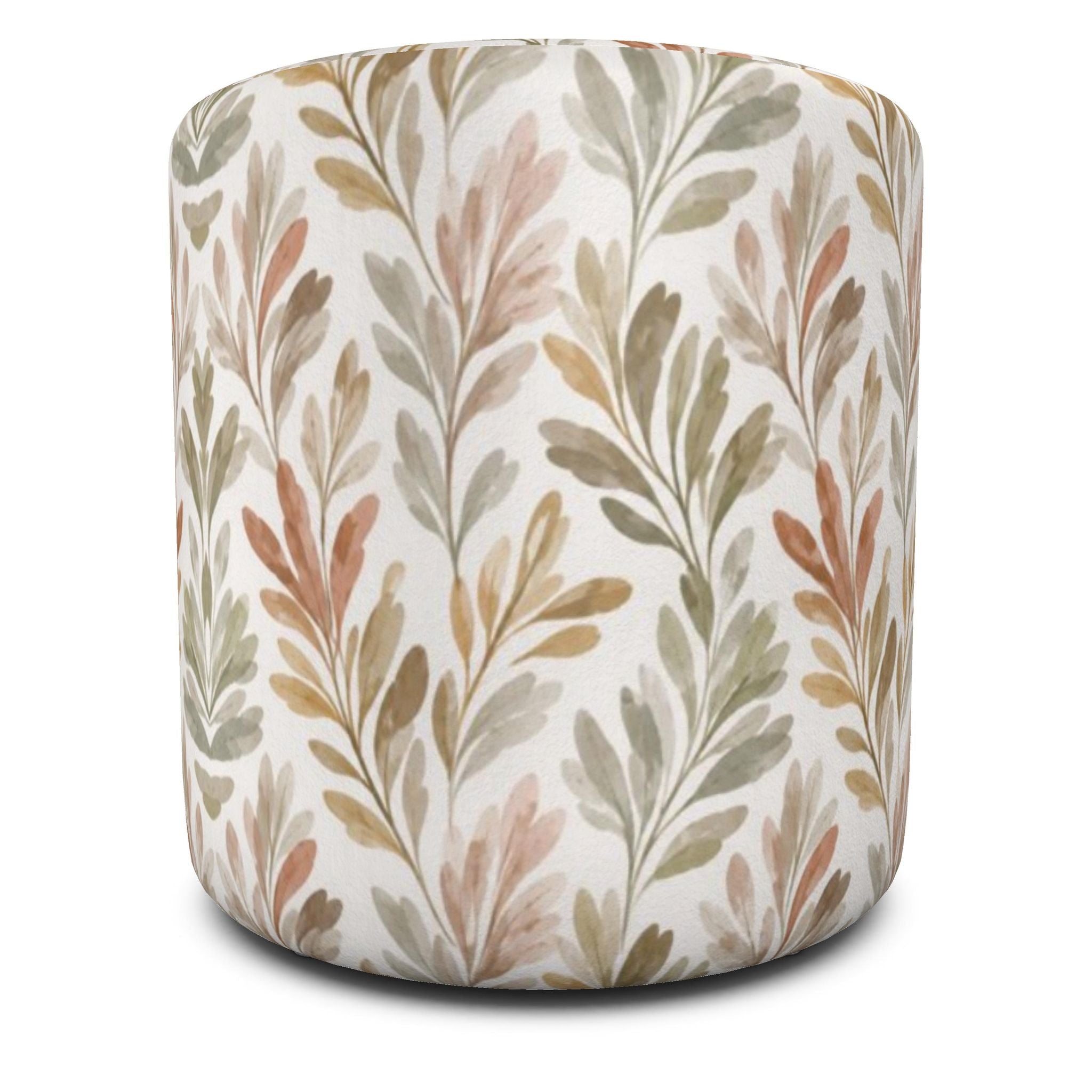 Neutral round pouf with watercolor‑style foliage, suited to modern farmhouse, coastal, or organic interiors.