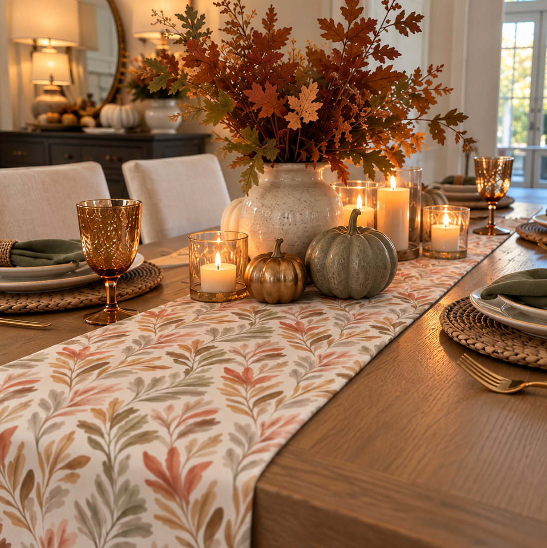 Autumn botanical table runner creating an elegant seasonal tablescape.