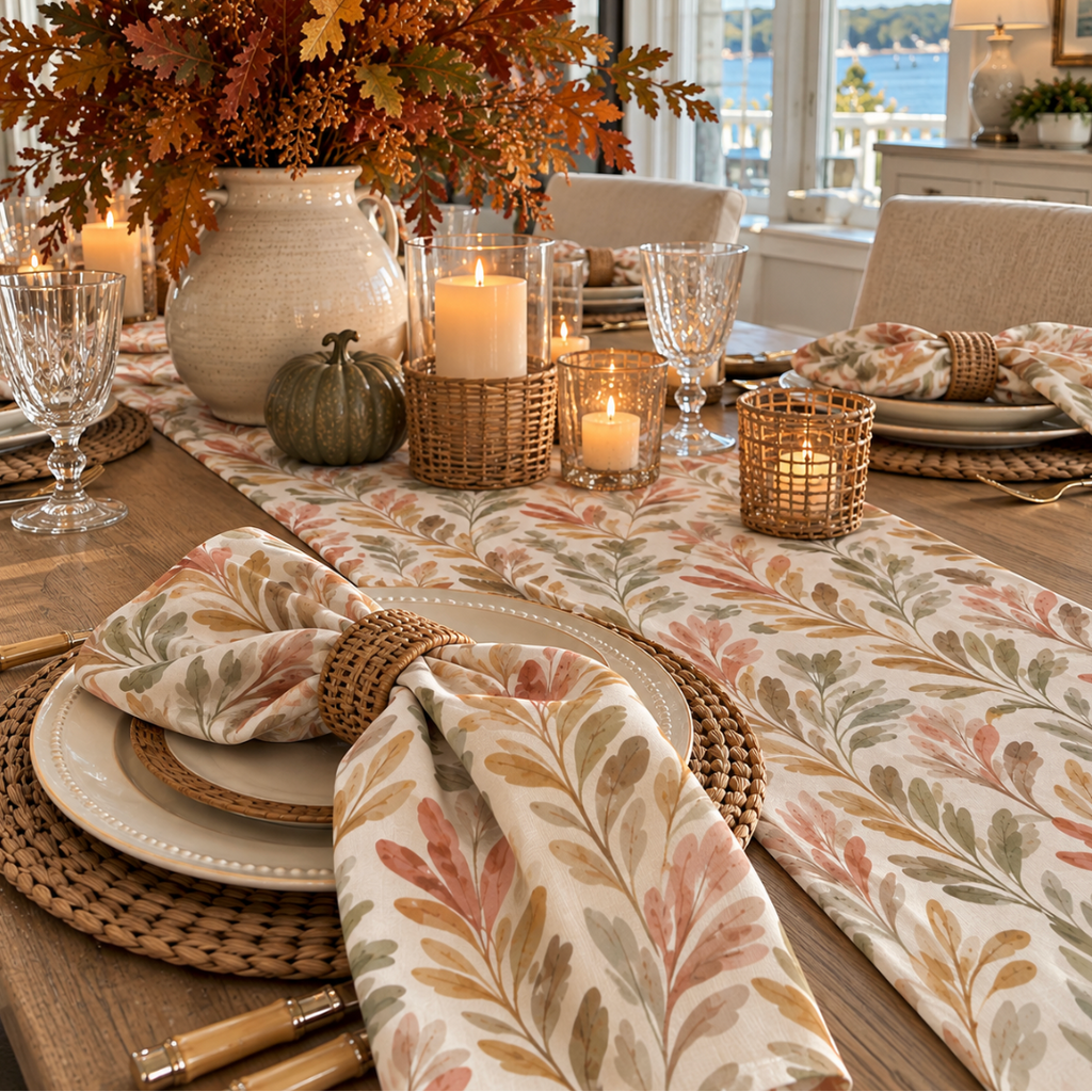 Autumn botanical table napkins creating an elegant fall tablescape.