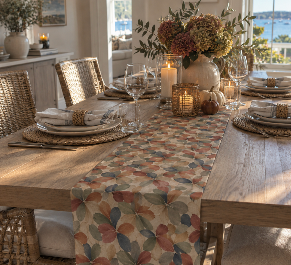 Autumn table runner with layered leaf and floral print in terracotta, blue-gray, and tan hues