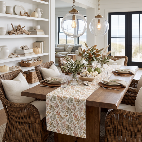 Olive branch print table runner styled down a rustic wood dining table for autumn entertaining.