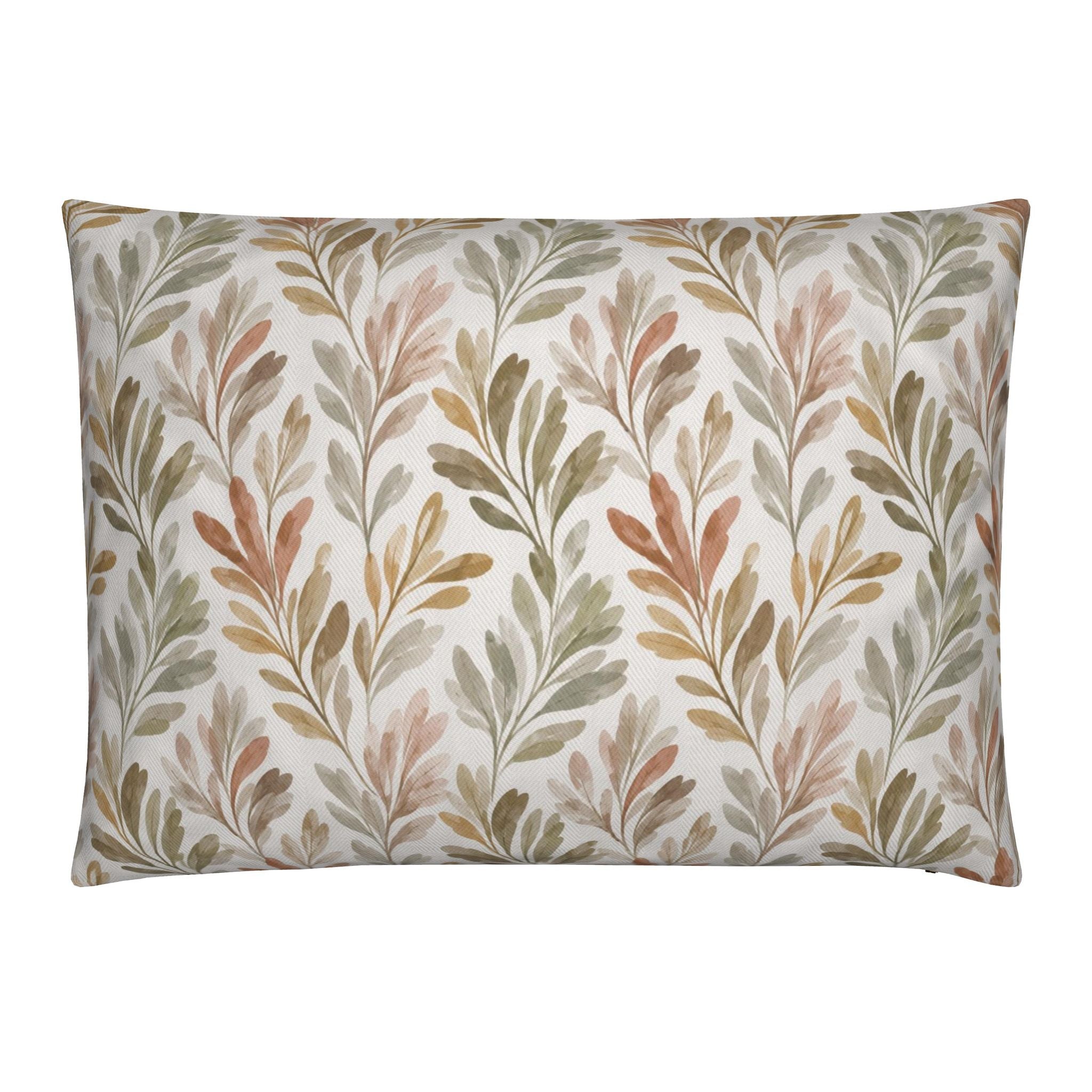 Earth-tone floral throw pillow for a coastal cottage, modern farmhouse, or transitional living room.