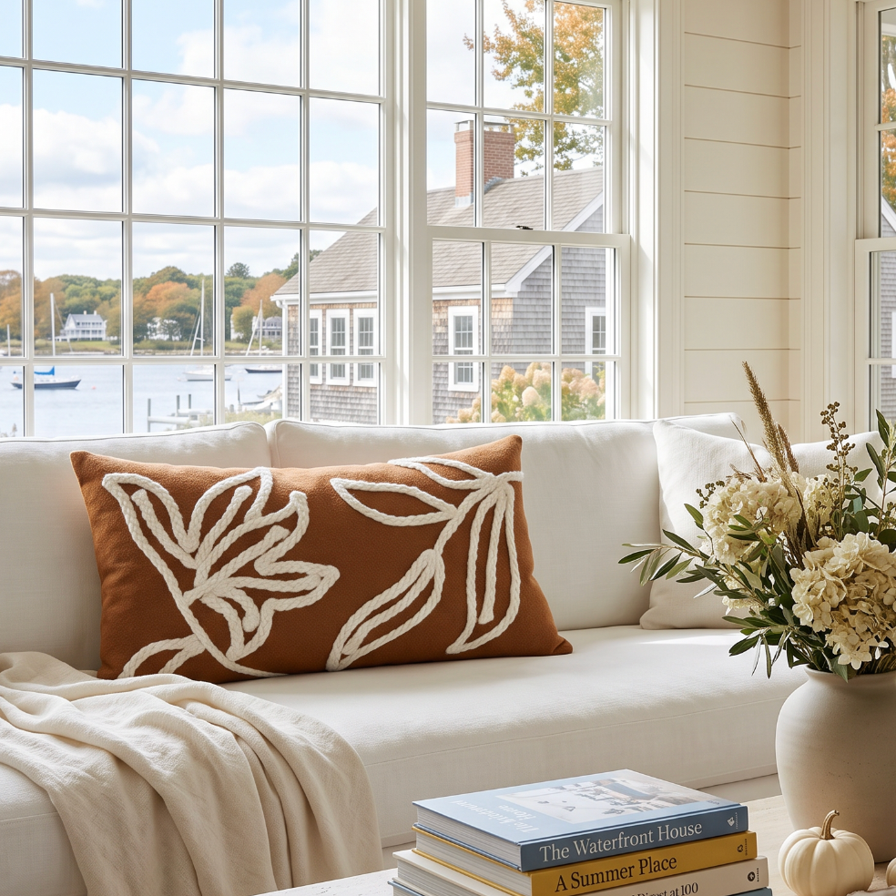 Burnt orange and ivory decorative pillow adding earthy fall color and tactile leaf texture to a couch.