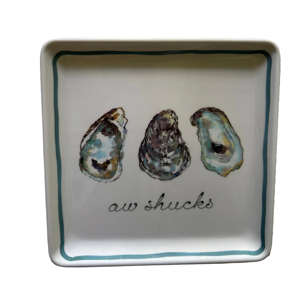 Set of four Aw Shucks coastal appetizer plates with oyster design,