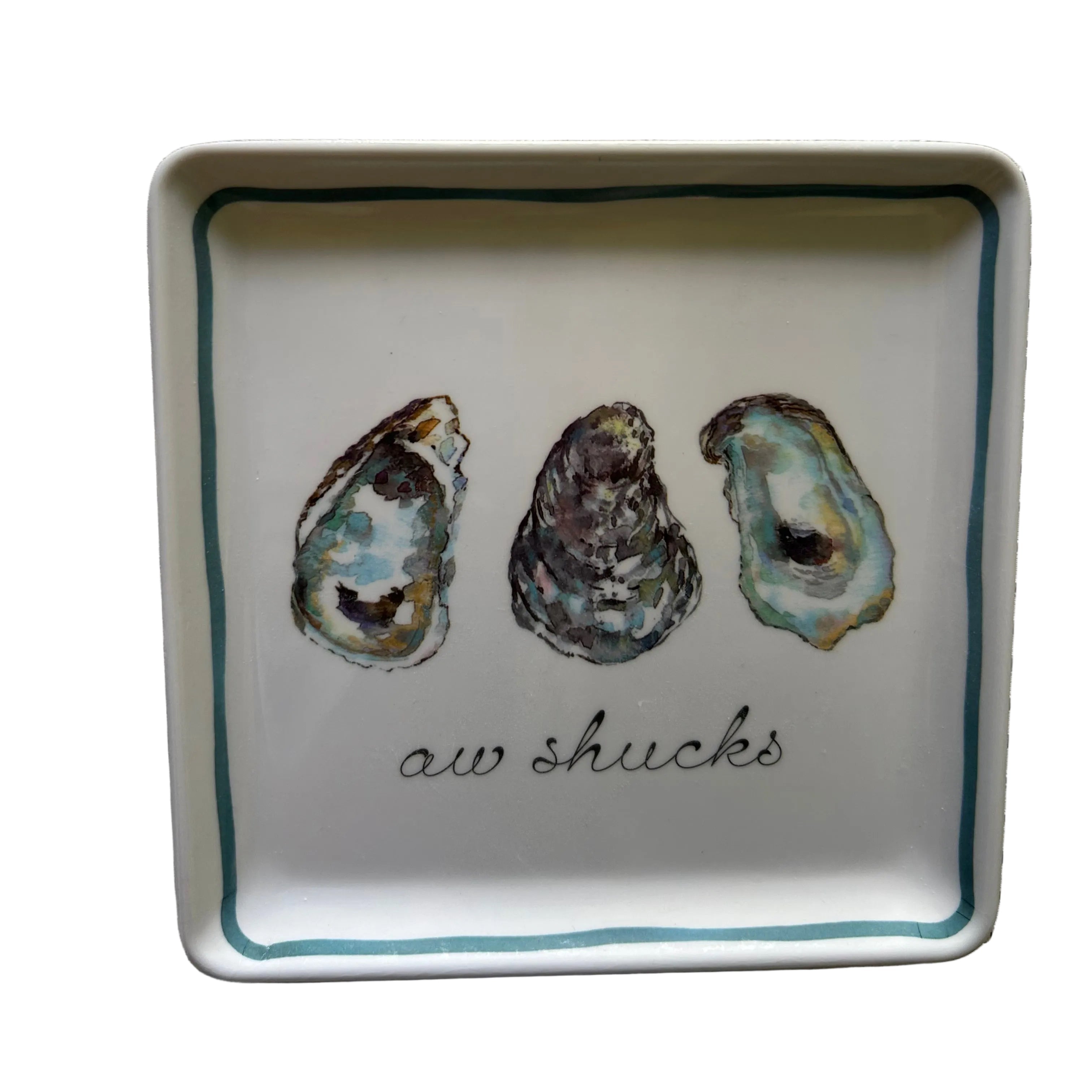 Set of four Aw Shucks coastal appetizer plates with oyster design,