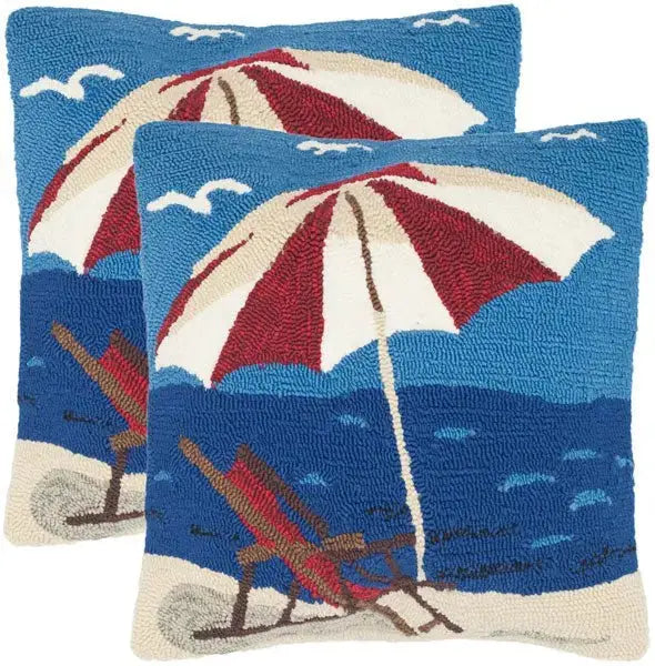 Coastal throw pillow with a beach chair illustration for beach house decor